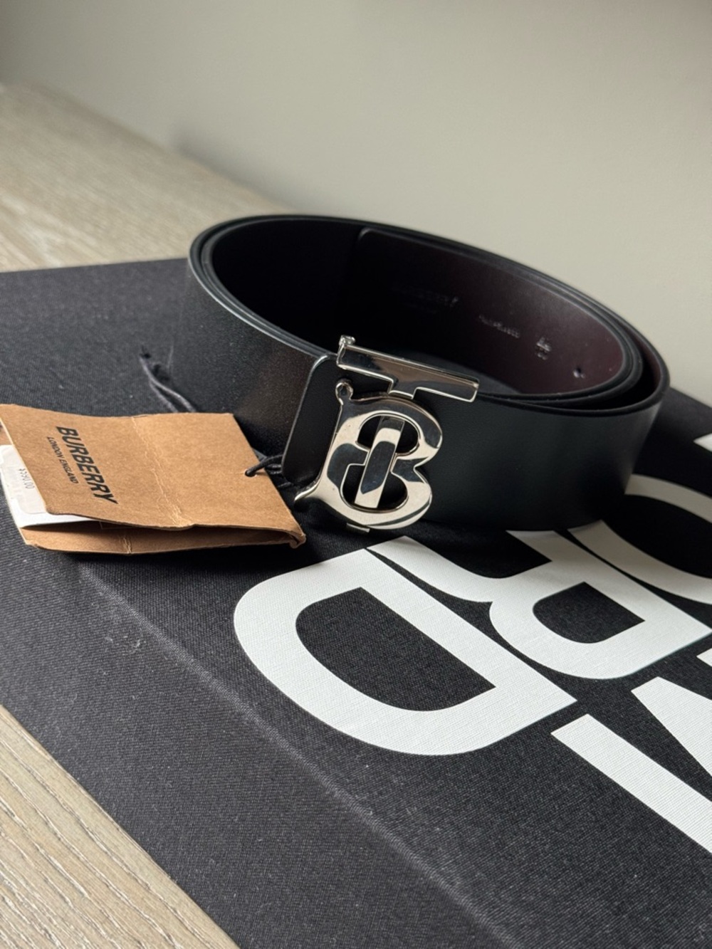 Burberry Black Leather Belt with Silver TB Monogram Buckle